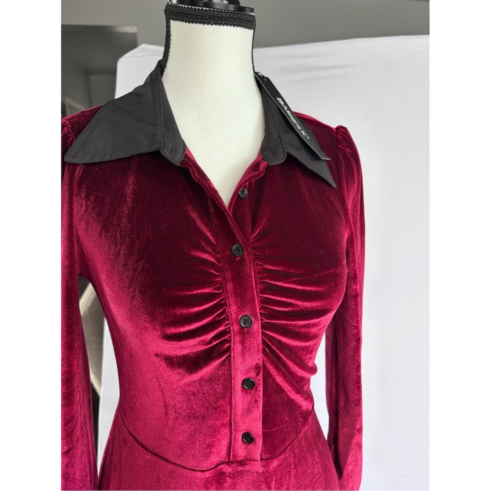 Allegra K Burgundy Velvet Mini Dress Long Sleeve Contrast Collar Ruched XS NEW